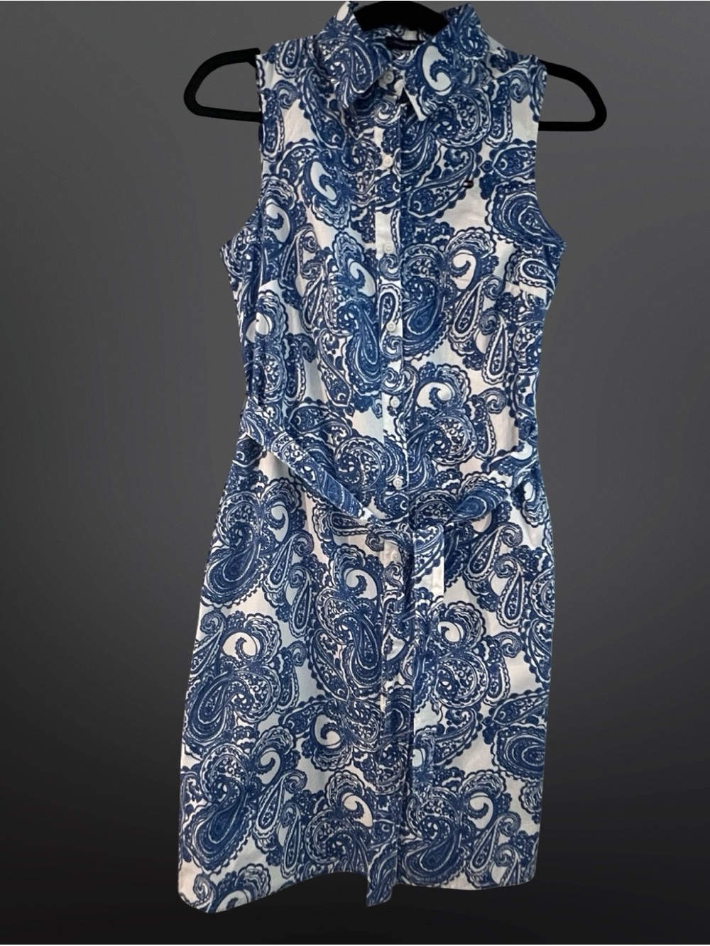 NWT Tommy Hilfiger Paisley Sleeveless Shirt Dress Belted Size 4 Blue White